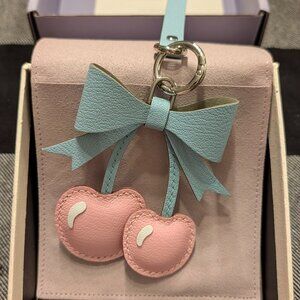 Charme Charm Pink Leather Cherry Bag Charm Handmade Bow Cherries Keychain NIB